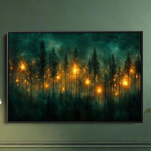 Impression sur toile de peinture forêt lucioles, art mural forêt magique, oeuvre d'art psychédélique, forêt électrique, déco sentier forestier, art d'enluminure