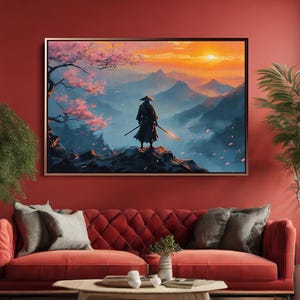 Lienzo decorativo para pared con paisaje de montaña y puesta de sol samurái, impresión de paisaje japonés sereno, decoración moderna para el hogar