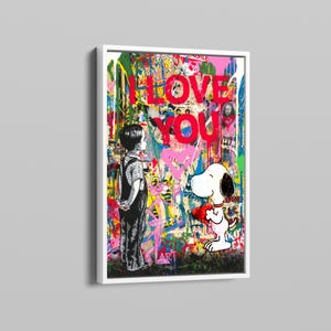 Lienzo de arte pop con grafiti "I LOVE YOU" de Banksy Boy, arte pop con amor al estilo Banksy, arte pop de Banksy Boy, arte mural con grafiti callejero