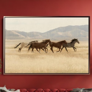 American Wild Horses Canvas Wall Art - Landscape Nature Wildlife Photography Mountain Mustangs Home Wall Decor Poster Horse Photography