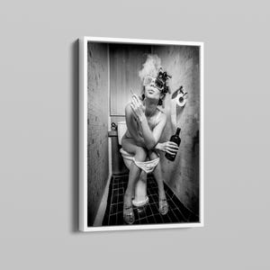 Fashion Toilet Girl Smoke Canvas - Black and White Wall Art, Trendy and Funny Bathroom Decor, Girly Style