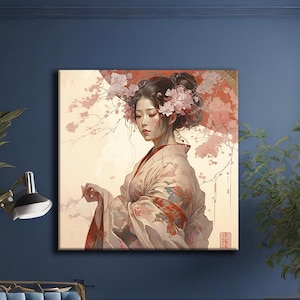 japanese art, geishas, beautiful women, bejin-ga, geisha portrait, extra large wall art, wall art design, framed canvas ready to hang
