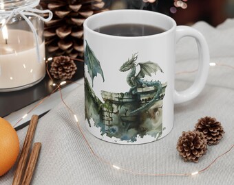 Middeleeuwse drakenmok - vintage draak, 11oz fantasie koffie-theekop, cadeau mythisch decor, vestingmuren