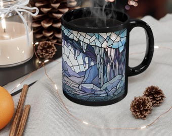 Stained Glass Mug  11oz ,Ice Cave, Winter Coffee Cup, Mystical Frozen Theme, Lavender Blue White Icicle Art, Ethereal Mug