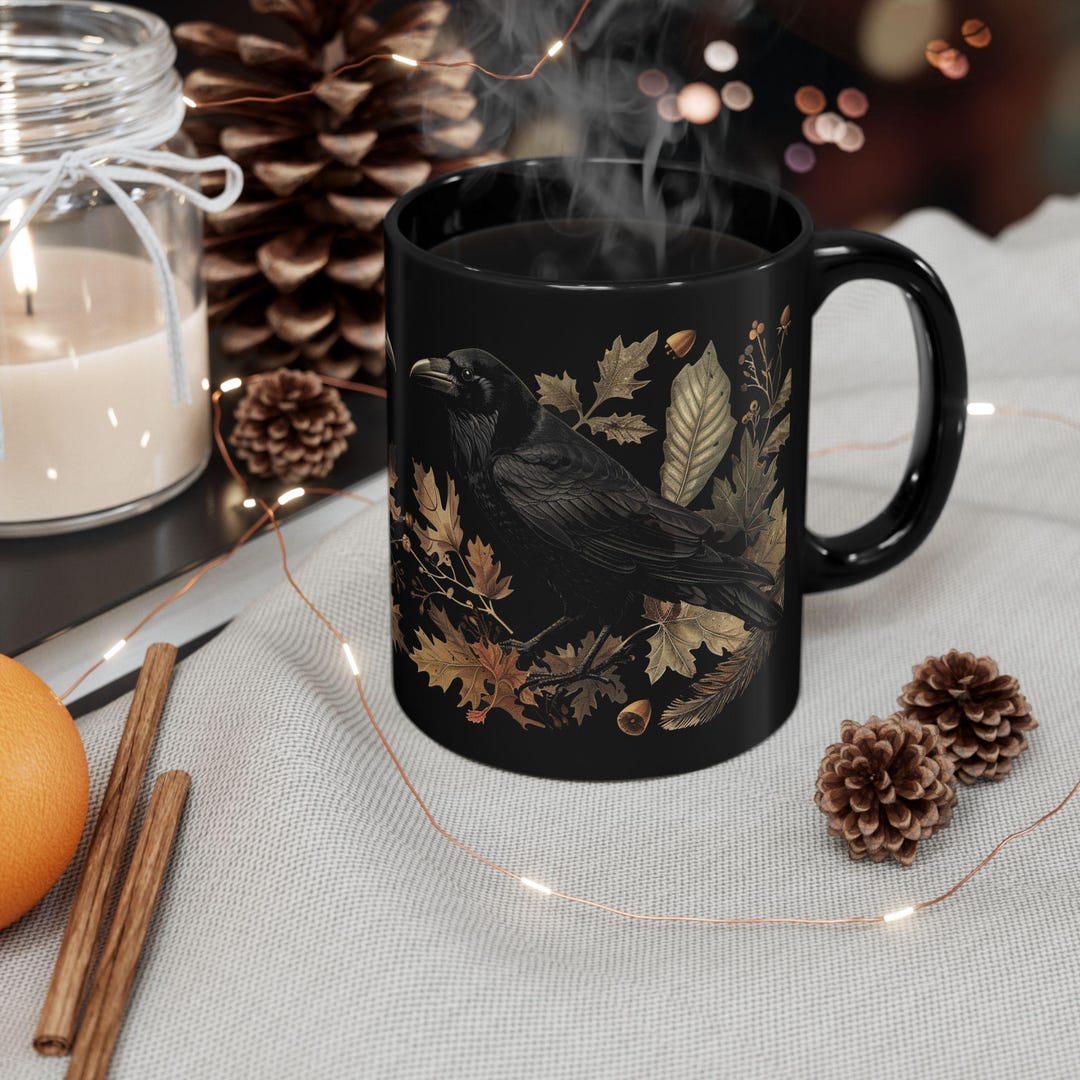 Medieval Floral Mystical Raven Coffee Mug Nature Lover Gift