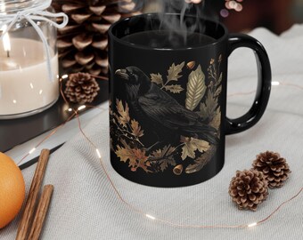 Medieval Floral Mystical Raven Coffee Mug - Nature Lover Gift, Halloween Decor, Witchy, Medieval Floral Mug, Black Spirit Animal Mug 11oz