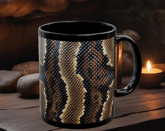 Schlangenhaut Becher - Einzigartige Keramik Kaffeetasse, exotischer Tierdruck, perfektes Geschenk für sie, stilvolles Trinkgeschirr für Zuhause, Python, schwarze Schlange