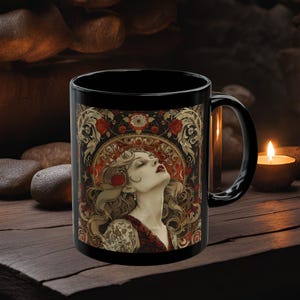 Art Nouveau Woman Floral Mug Patterns, Black Coffee Cup Gothic Drinkware, Art Nouveau Mug, Fantasy Design Sensuous Forms, 11oz Fantasy