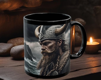 Viking Warrior Mug, Norse Mythology, Celtic Norse Gift, Black Coffee Cup, Viking Drinkware, Scandinavian Kitchen Decor, Larp