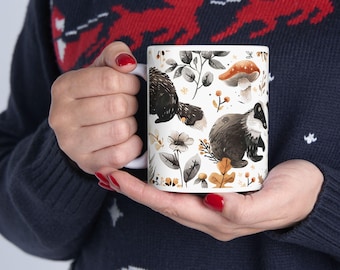 Woodland Whimsical Badger Ceramic Mug, Cute Forest Animal Badger Coffee Cup, Nature Lover Gift, Rustic Home Decor, Fall Aesthetic, 11oz/15oz