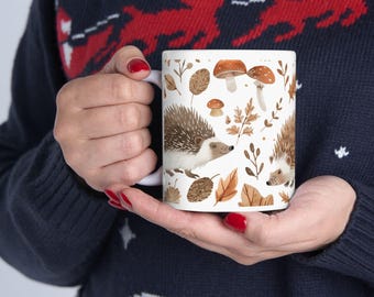 Woodland Whimsical Hedgehog Ceramic Mug, Cute Forest Animal Hedgehog Coffee Cup, Nature Lover Gift, Rustic Mug, Fall Aesthetic, 11oz & 15oz