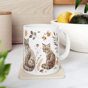 Lynxes Ceramic Mug, Cute Forest Animal Lynx Coffee Cup, Nature Lover Gift, Rustic Mug, Fall Aesthetic, 11oz & 15oz Woodland Whimsical