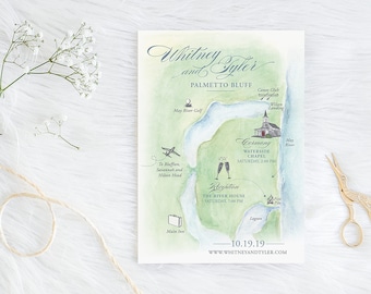 Custom Watercolor Painted Wedding Map - Bluffton, South Carolina - Palmetto Bluff Waterside Chapel - Customizable Locations, Fonts, Colors