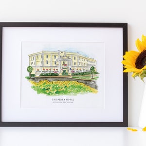 The Perry Hotel  - Watercolor Painting - Petoskey, Michigan - Lake Michigan Wedding - Little Traverse Bay