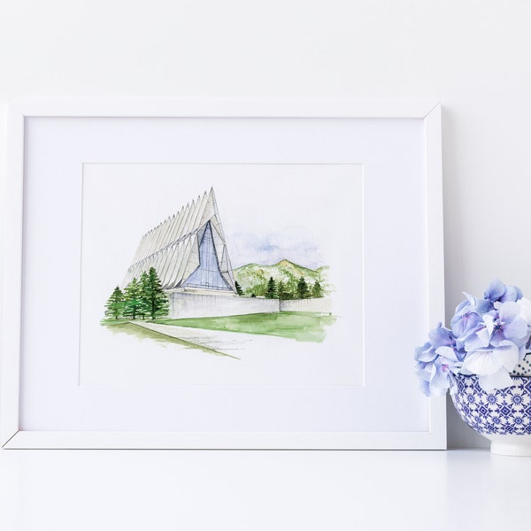 US Air Force Academy Cadet Chapel  - Watercolor Painting - Colorado Springs, CO - Airforce Academy - Airforce Wedding