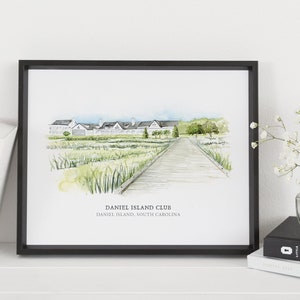 May include: A watercolor painting of a white building with a wooden walkway leading to it. The building is surrounded by green grass and trees. The text "DANIEL ISLAND CLUB" and "DANIEL ISLAND, SOUTH CAROLINA" is printed below the image.