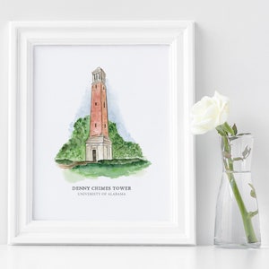 Denny Chimes Tower at The University of Alabama - Tuscaloosa, Alabama - Roll Tide - Watercolor Painting - The Quad