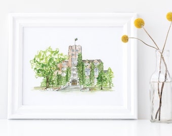 May include: A watercolor painting of a building with a tall tower and a green roof. The building is surrounded by trees and bushes. The painting is framed in a white frame.