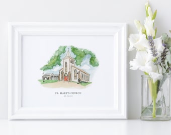 St. Mary's Church - Plantersville, Texas - Texas Catholic Church - Watercolor Church - Watercolor Wedding Painting