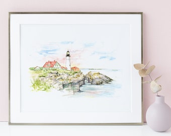 Portland Head Lighthouse - Watercolor Painting - Cape Elizabeth, Maine - Coastal Maine - New England Lighthouse