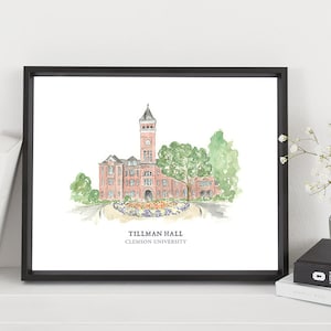 Clemson Tillman Hall, Framed Watercolor Wall Art 11" X 14 By Laura Wilcox