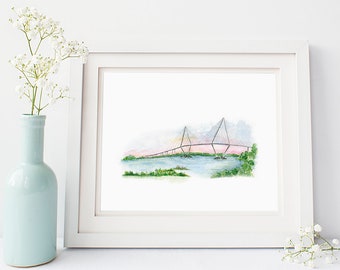 Ravenel Bridge Painting - Charleston, South Carolina - Watercolor Bridge - Arthur Ravenel Jr Bridge - Watercolor Landmark - Mount Pleasant