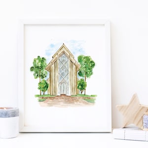 May include: Watercolor painting of a wooden building with a large window and a pointed roof. The building is surrounded by green trees and a brown path.