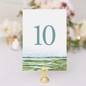 Lowcountry Wedding Table Number - 5x7 Table Number - Marsh Scene Table Number - Beach Wedding Decor - Gold Stands