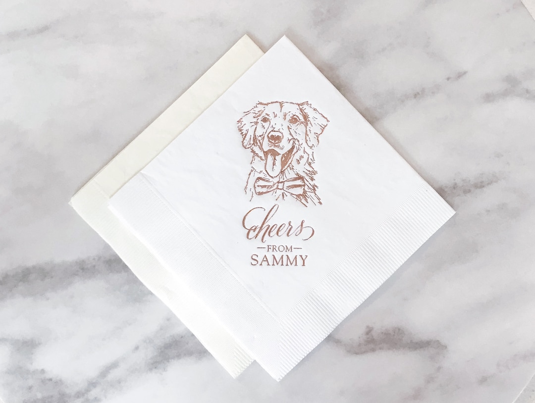 Dog Cocktail Napkin - Wedding Napkin - Dog Sketch and Personalized