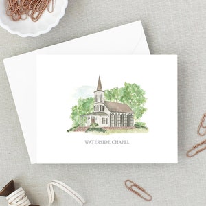 May include: Watercolor illustration of a white chapel with a brown roof and a tall steeple. The chapel is surrounded by green trees and has a sign that reads "Waterside Chapel".