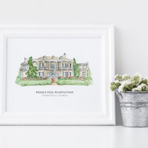 May include: A watercolor painting of Pebble Hill Plantation in Thomasville, Georgia. The painting depicts a large white house with a porch and columns, surrounded by green trees and flowers.
