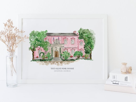 The Olde Pink House - Savannah, Georgia - Watercolor Venue Painting - Watercolor Restaurant - Savannah Wedding