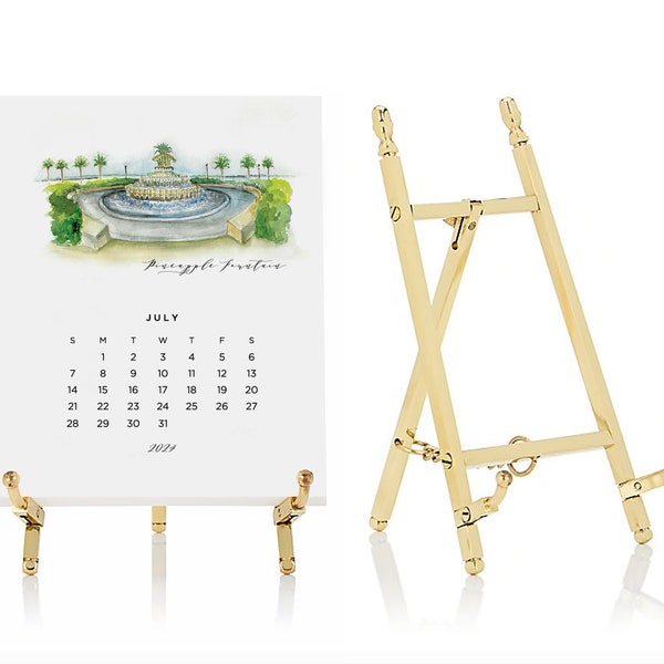 Charleston 12 Month 2024 Desk Calendar - Watercolor Paintings - South Carolina - Gold Easel - Downtown and Greater Charleston