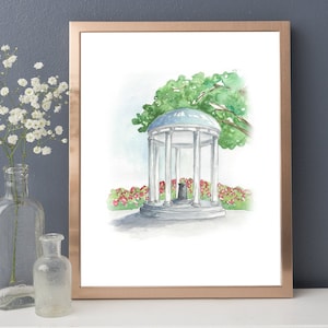 May include: Watercolor painting of a white gazebo with a green tree above it. The gazebo has a white roof and columns. There are red flowers in the background.