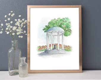 Old Well at University of North Carolina at Chapel Hill - Chapel Hill, North Carolina - UNC - Watercolor Painting - TarHeel