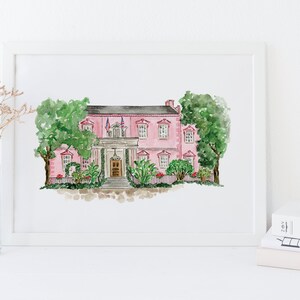 May include: Watercolor painting of a pink house with white trim and a green lawn. The house has a white door and a porch with a railing. There are two American flags flying from the roof.