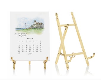 Coastal New England 12 Month 2024 Desk Calendar - Gold Easel - Watercolor Paintings - Massachusetts, Rhode Island, Maine