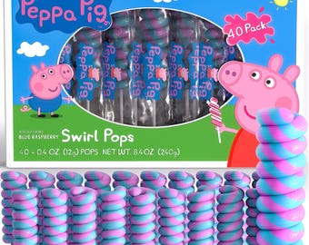 May include: A 40-pack box of Peppa Pig blue raspberry swirl pops. The box features Peppa Pig graphics, the text 'Peppa Pig Swirl Pops', and '40 - 0.4 oz. (12g) pops net wt. 8.4 oz. (240g)'. Several blue and pink spiral lollipops are displayed.