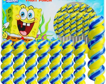 Może przedstawiać: Pudełko z lizakami "SpongeBob SquarePants" w kształcie wiru, z żółtymi i niebieskimi lizakami w kształcie wiru. Na pudełku znajduje się rysunkowy wizerunek SpongeBoba oraz napisy "Sztuczny smak Fruit Punch" i "Swirl Pops".
