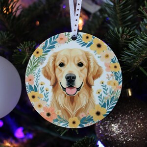 Personalized Golden Retriever Ornament Holiday Christmas Floral Dog Stocking Stuffer Gift Pet Lover Decor Custom Pet Memorial