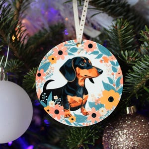 Dachshund Personalized Holiday Christmas Tree Ornament Floral Weiner Dog Stocking Stuffer Gift Dachshund Pet Memorial Custom Dog Decor