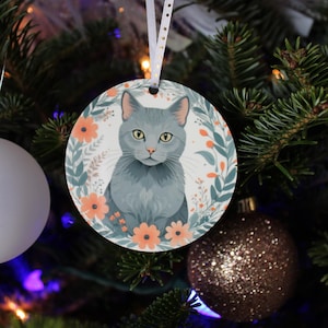 Gray Cat Ornament Holiday Christmas Floral Cat Stocking Stuffer Gift Personalized Cat Gift Tree Ornament Short Hair Domestic Light Gray Cat