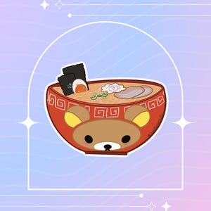 Bear Ramen Bowl Glossy Rainbow Holo Waterproof Vinyl Sticker | Great for Water Bottles, Laptop, Tablets, & Journaling