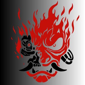 Puede incluir: Gráfico estilizado de una máscara oni roja y negra con llamas. El diseño presenta un ojo robótico y una calavera, con largos colmillos negros y una boca roja. El fondo es un degradado de gris y negro.