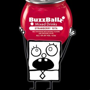 May include: A red BuzzBall Mixed Drinks can with the text "Strawberry 'Rita" and "ALC 15% BY VOL. 6.5oz". A cartoon character with large eyes and a wide mouth is holding the can up in the air.