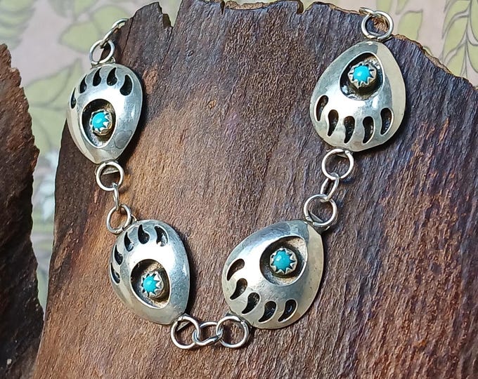 Vintage Navajo Sterling Silver Shadow Box Bear Claw and Turquoise Link ...