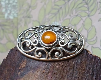 Broche Vintage Argent 925 Et Ambre – Bon état