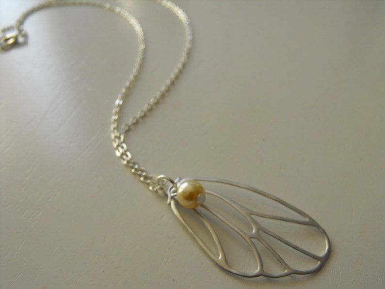 Butterfly Wing Necklace Silver Ivory Pearl and Silver Chain insect wing jewelry bug accessory dainty layering moth