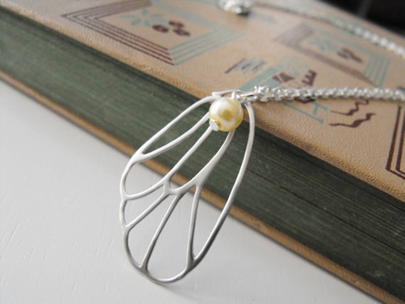 Butterfly Wing Necklace Silver Ivory Pearl and Silver Chain insect wing jewelry bug accessory dainty layering moth