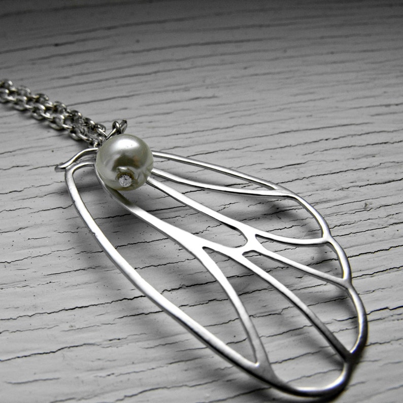 Butterfly Wing Necklace Silver Ivory Pearl and Silver Chain insect wing jewelry bug accessory dainty layering moth
